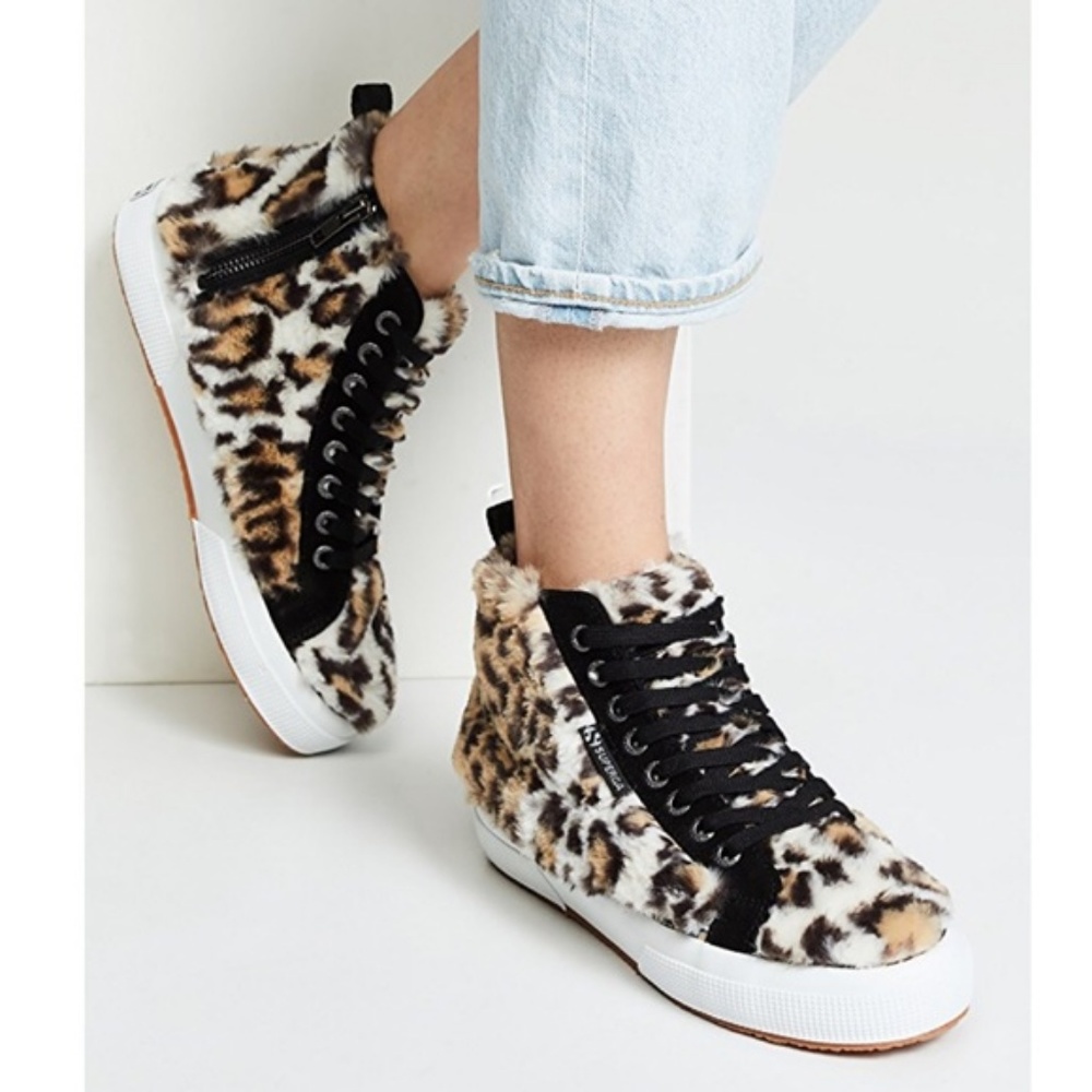 NEW Superga X Anthropologie Leopard Faux Fur High Top Sneakers